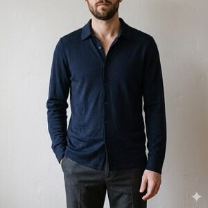 Naadam Shirt Mens Large Navy Blue Wool Blend Button Down Long Sleeve Polo Luxury